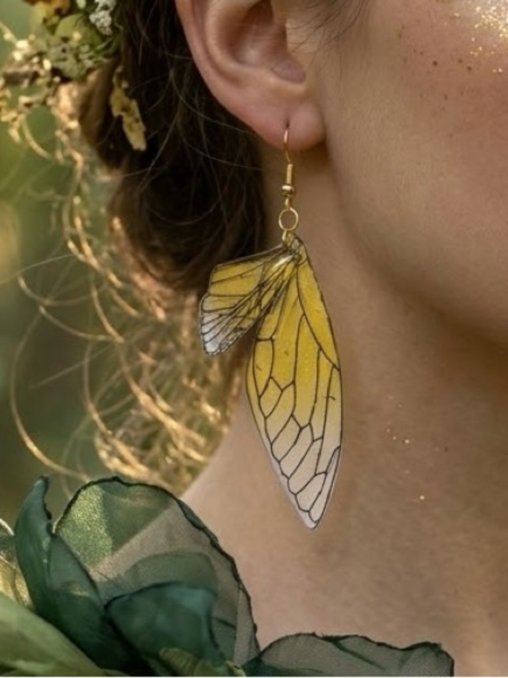 Yellow Gold Fairy Wing Dangle Earrings Cottage-core Halloween Butterfly Earrings